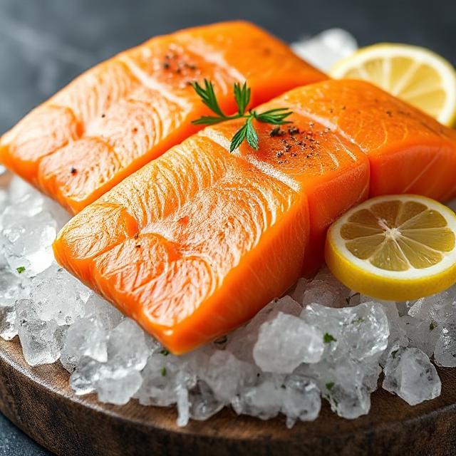 Fresh salmon fillets on ice